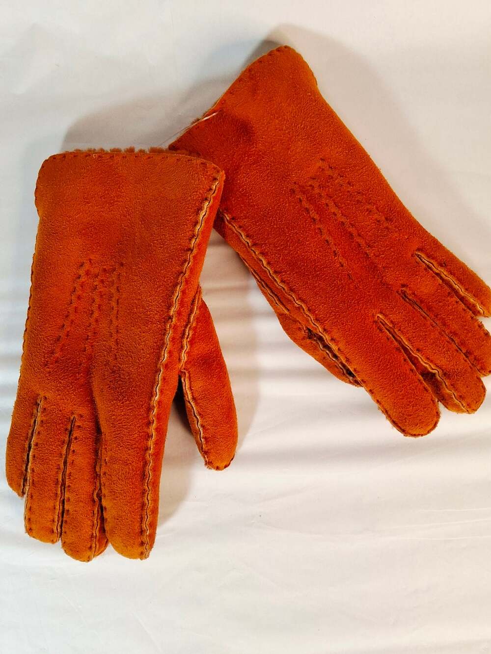 Renee's Suede Lamb Burnt Orange Hancrafted Leather Gloves Furry Lining